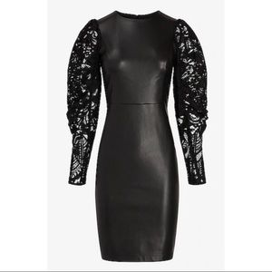 Express faux leather dress with embroidered puff sleeve NWOT